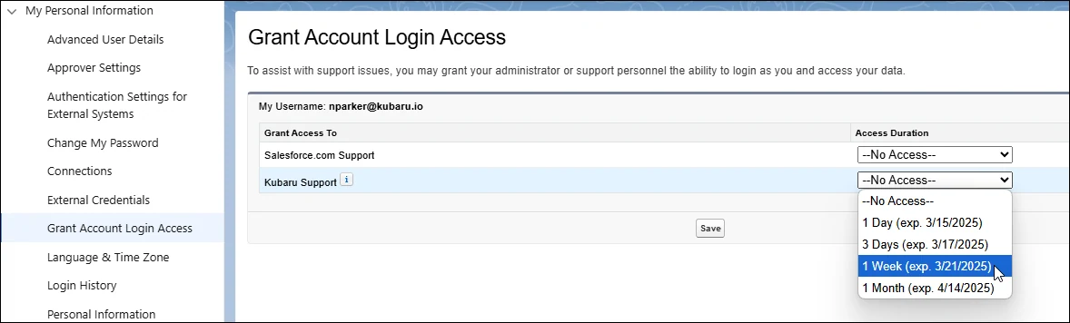 Select a duration for login access.