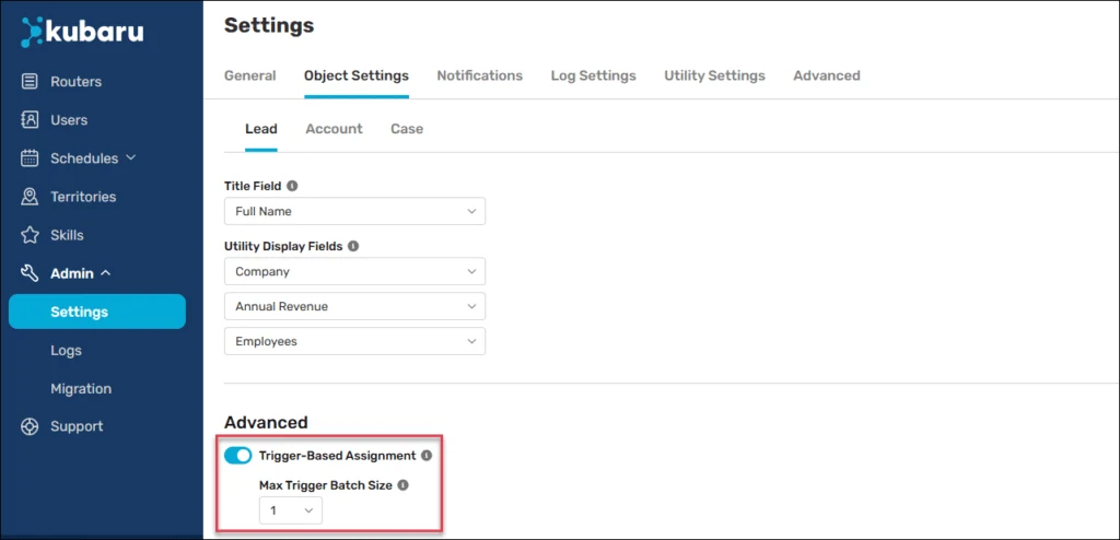 Lead Object Settings with Trigger-Based Assignment enabled and Max Trigger Batch Size set to 1.