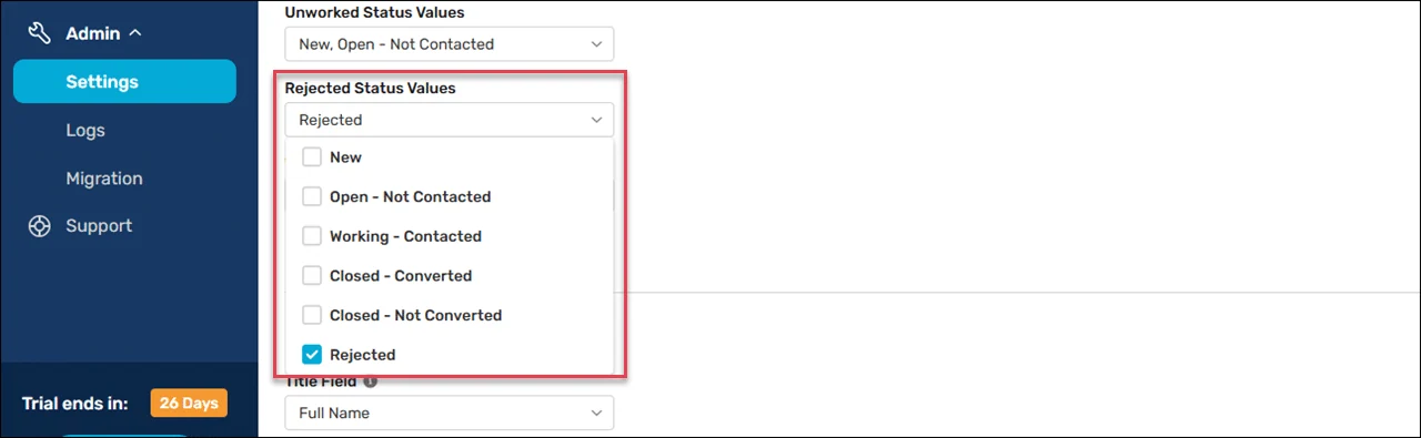 Rejected Status Values menu with Rejected checked as the status used to identify rejected records.