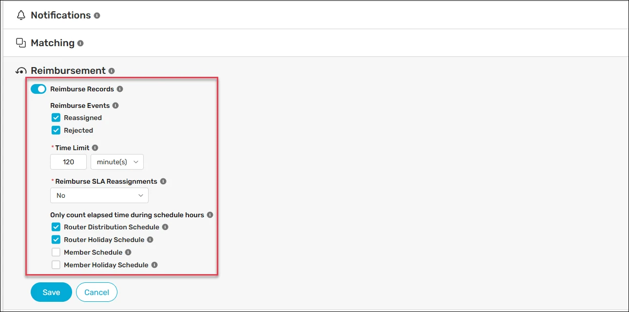 Router Reimbursement settings enabled for reassigned and rejected records, with a 120-minute limit and schedule options.