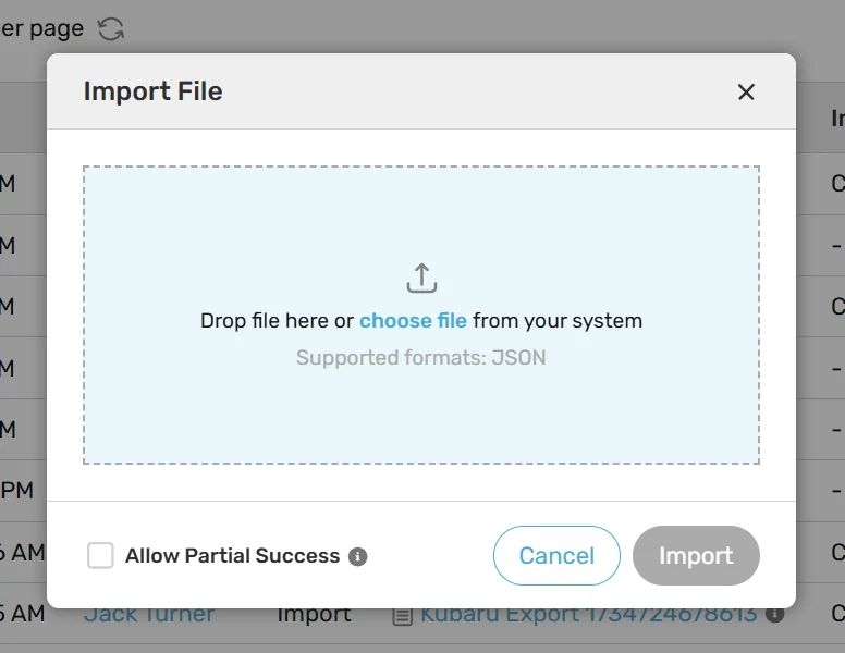 Choose a JSON file for import.