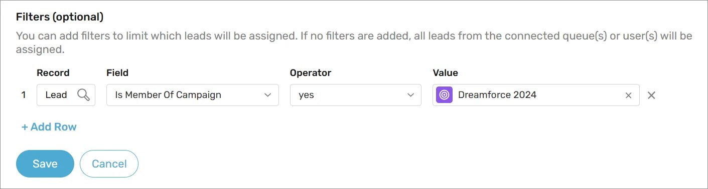 Lead filter with Is Member Of Campaign set to yes for the Dreamforce 2024 campaign.