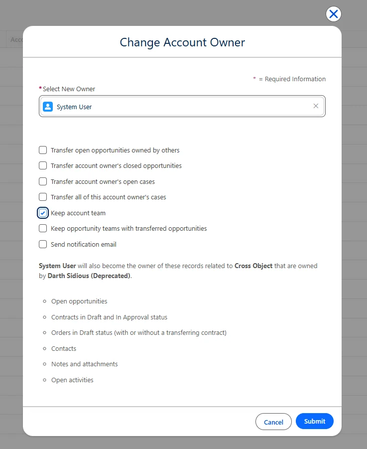 Salesforce Change Account Owner dialog with Keep account team checked.