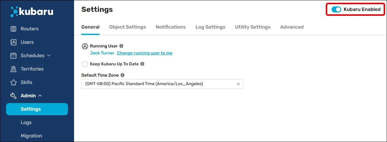 Kubaru General settings with the Kubaru Enabled toggle switched on and highlighted.