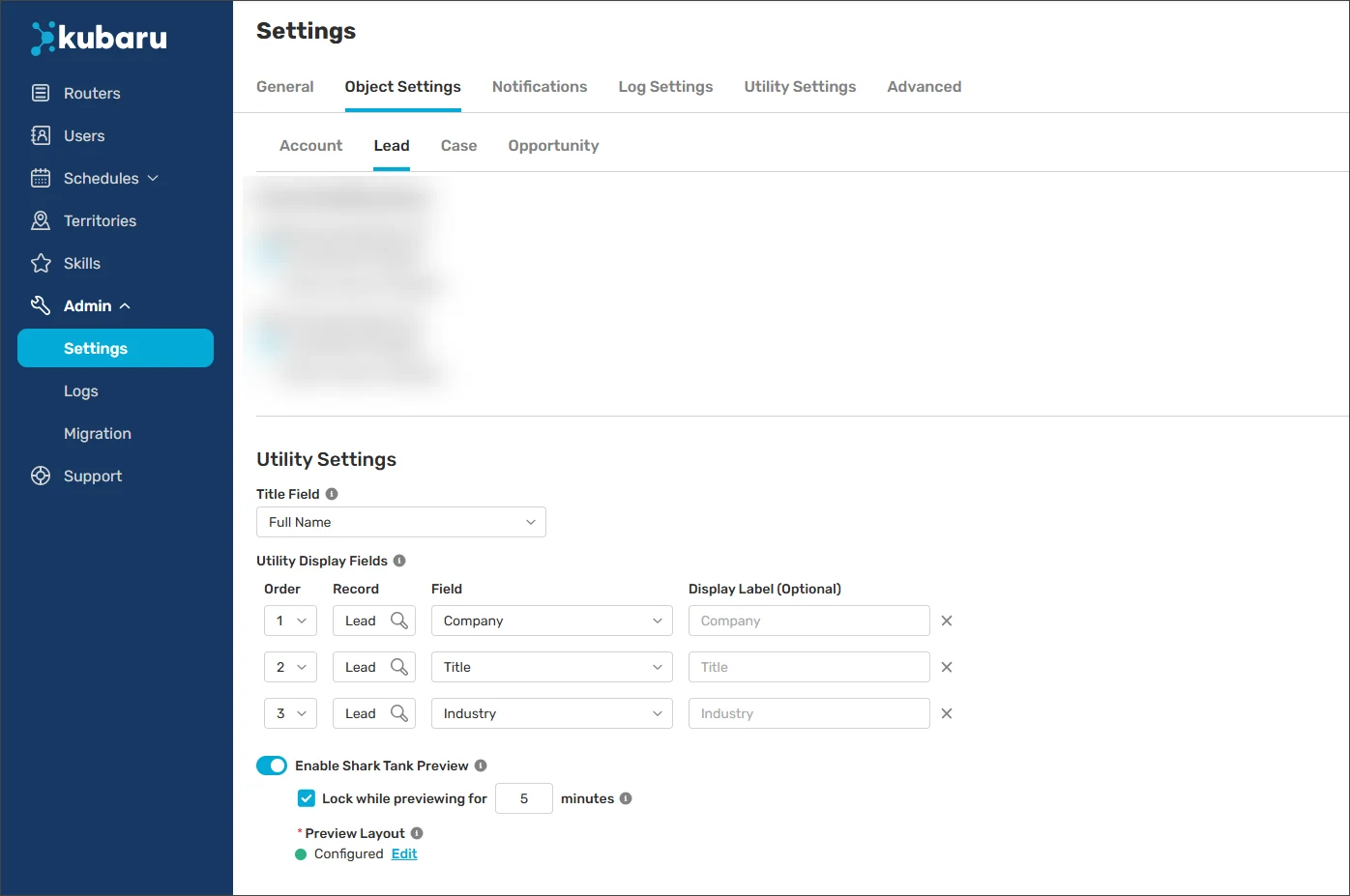 Lead Utility Settings with Full Name as the title, Company, Title, and Industry display fields, and Shark Tank Preview enabled.
