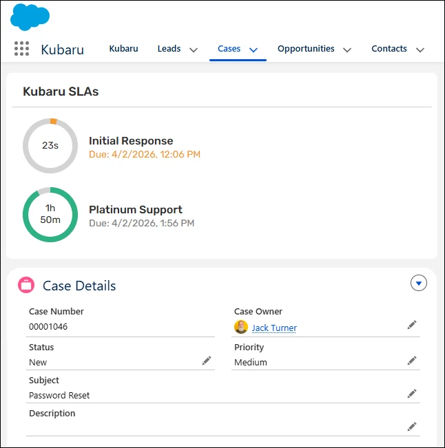 Salesforce case page with the Kubaru SLAs panel showing Initial Response and Platinum Support countdowns above Case Details.