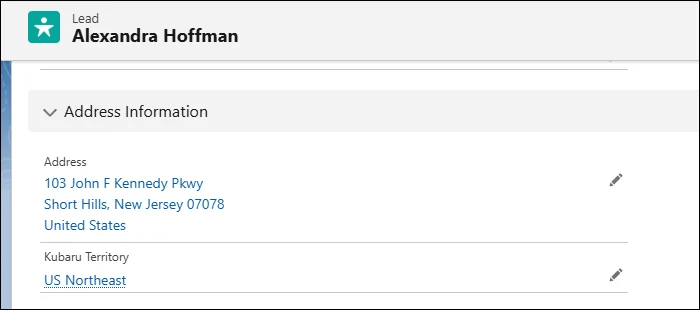 Salesforce lead Address Information section with the Kubaru Territory field set to US Northeast.