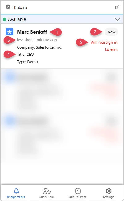 Kubaru Utility Assignments tab with numbered callouts for a lead's title, status, assignment age, details, and reassignment countdown.