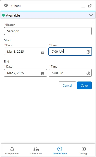 Kubaru Utility Out Of Office form with a Vacation reason, start and end dates and times, and a Save button.