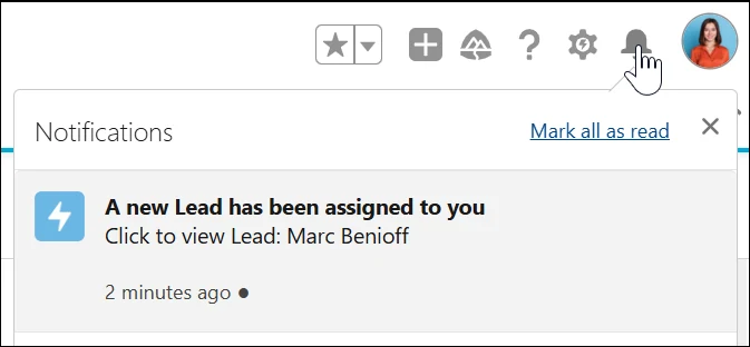 Salesforce Lightning Notifications panel announcing a new lead assignment with a link to view the lead.