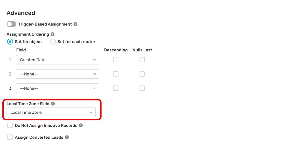 Object Settings with the Local Time Zone Field selected for Leads.
