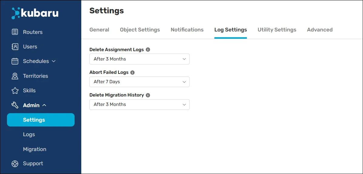Kubaru Log Settings with controls for assignment-log retention, failed-log retries, and migration-history retention.