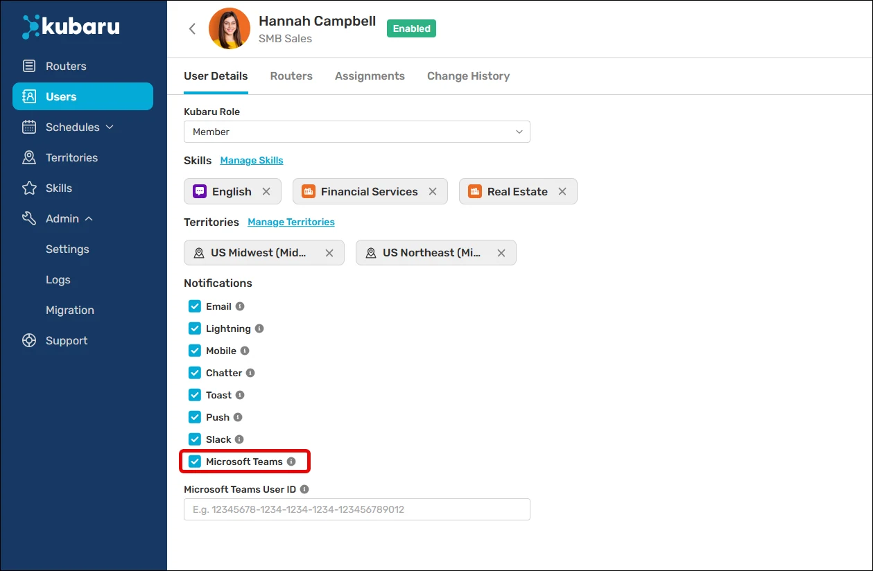 Kubaru User Details with the Microsoft Teams notification checkbox checked and highlighted.