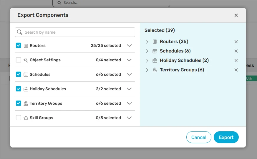 Export Components dialog with routers, schedules, holiday schedules, and territory groups selected, totaling 39 components.