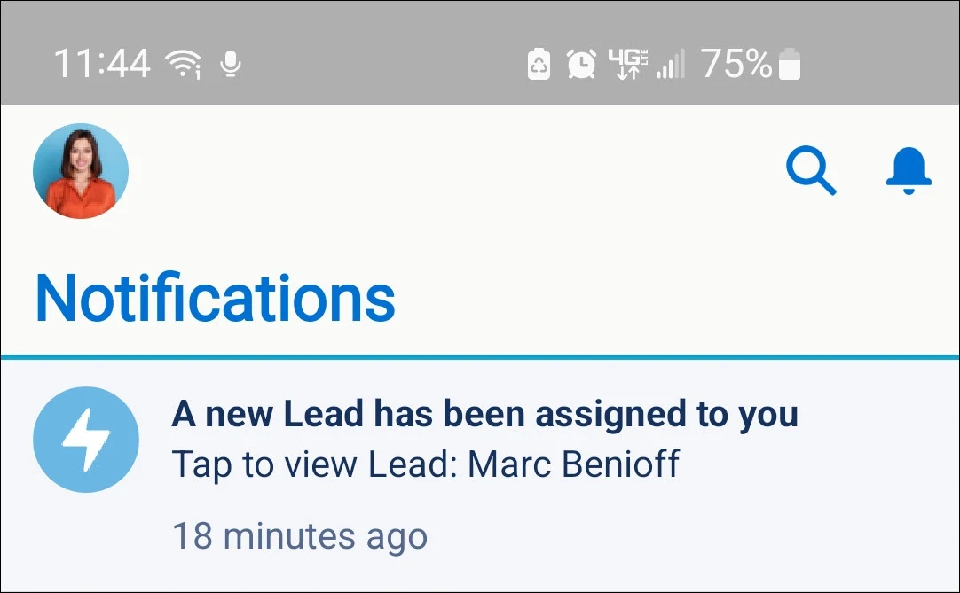 Salesforce mobile Notifications screen announcing a new lead assignment with a Tap to view Lead link.