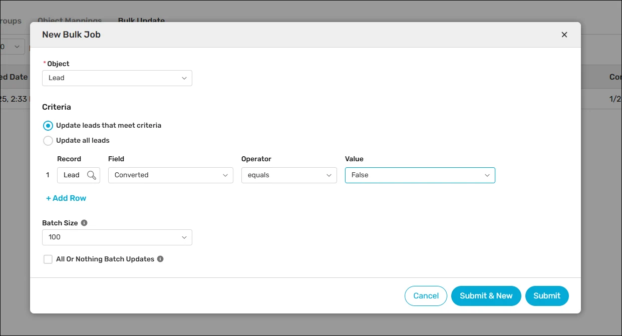 New Bulk Job dialog for updating Lead territories where Converted equals False, with a batch size of 100.