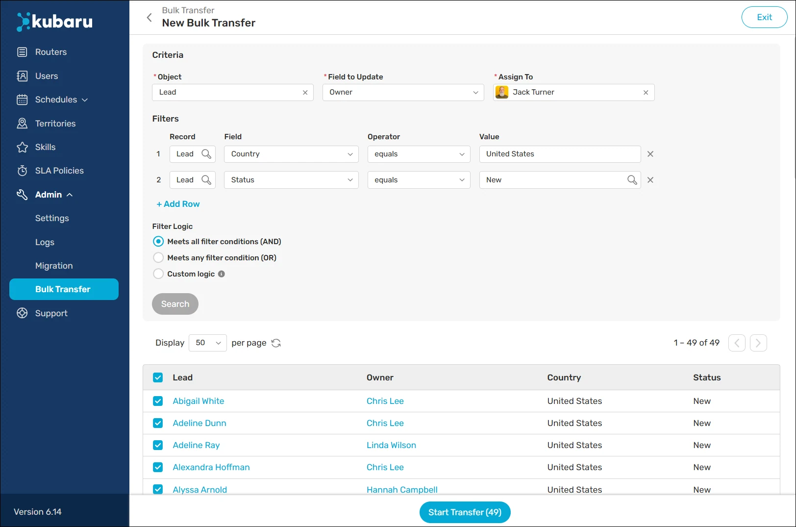 New Bulk Transfer with object, field, new owner, filters, and matching records.