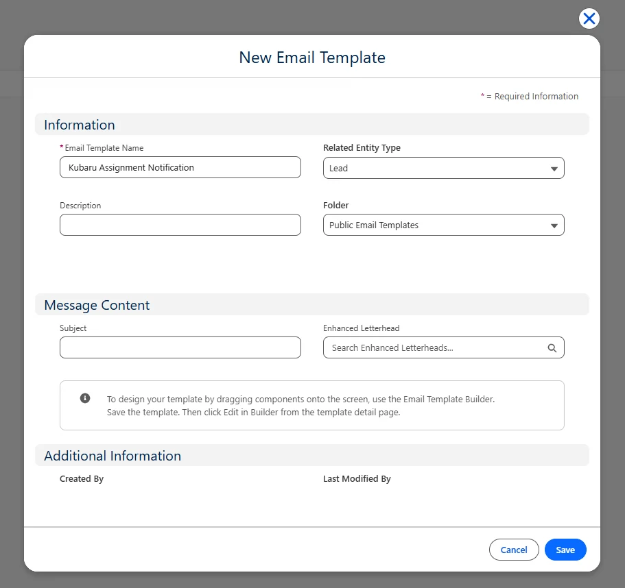New Email Template dialog with Kubaru Assignment Notification as the name, Lead as the related entity, and Public Email Templates as the folder.