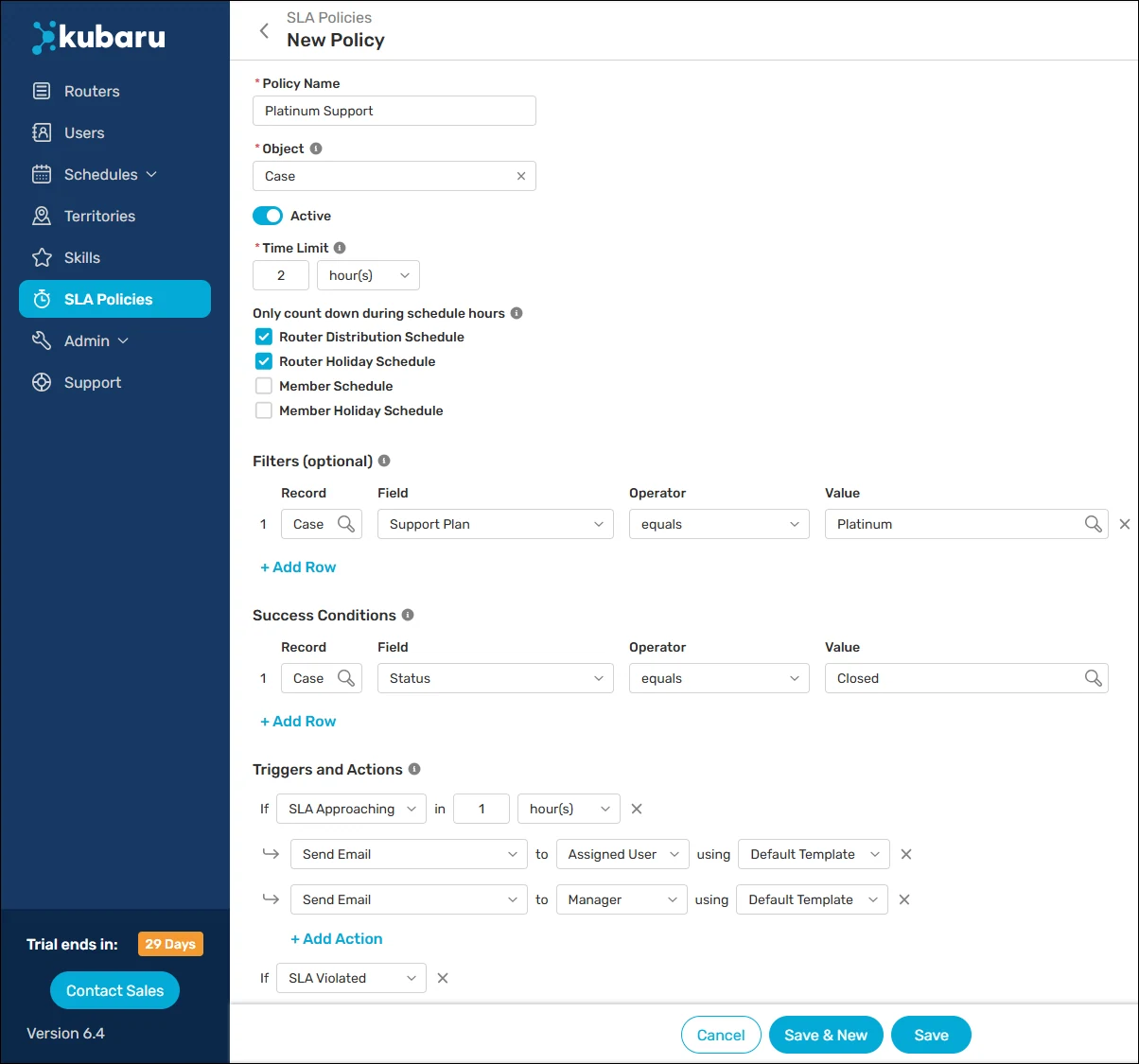 New SLA policy form for Platinum Support with a two-hour case time limit, filters, success conditions, and automated triggers and actions.