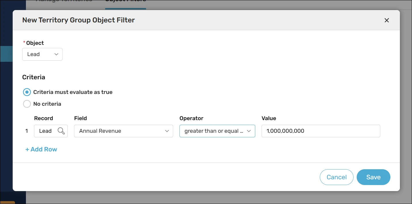 Create territory group object filters.