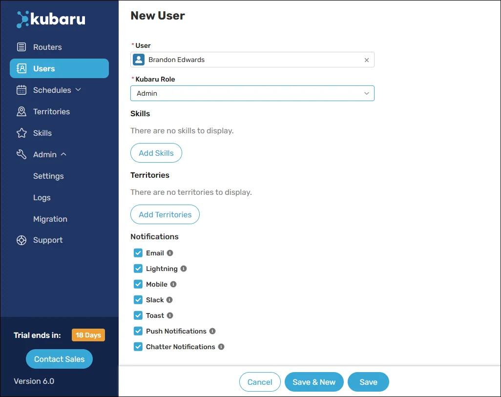 New User form with a Salesforce user, Kubaru role, skills, territories, and assignment notification preferences.