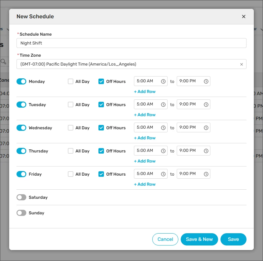 New Schedule dialog for Night Shift with weekday off hours set to 5:00 AM through 9:00 PM and weekends disabled.