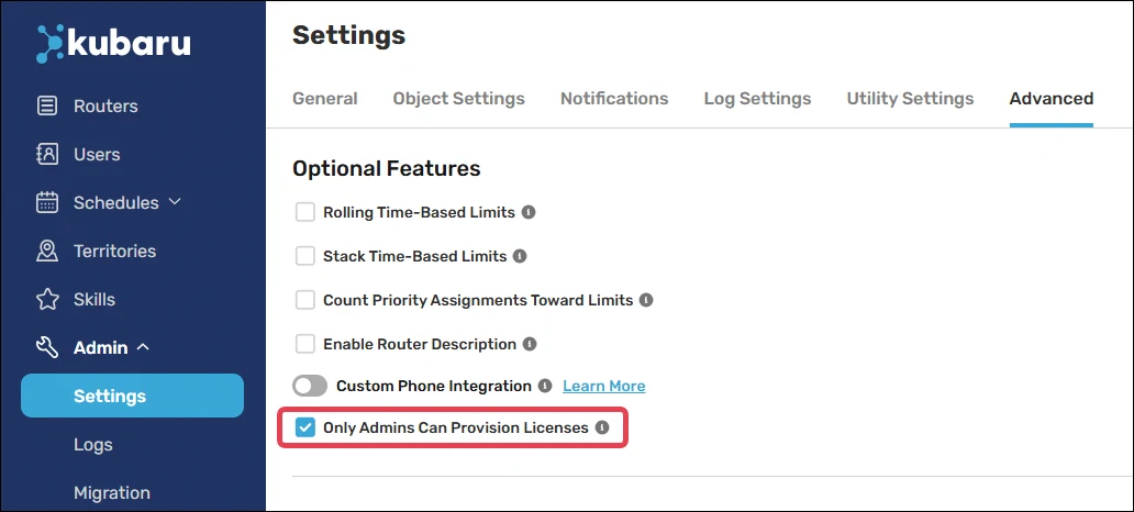 Checkbox to enable Only Admins Can Provision Licenses feature.