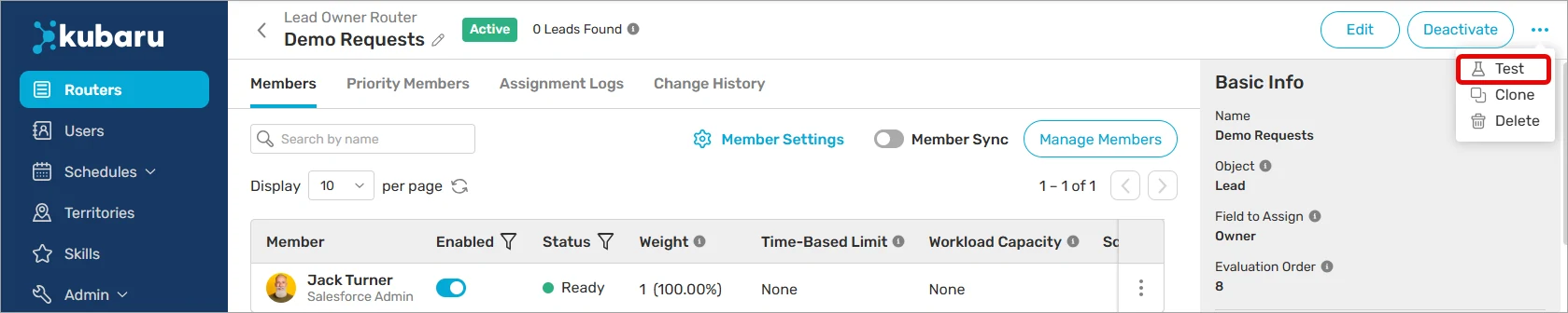 Router action menu with the Test option highlighted above Clone and Delete.
