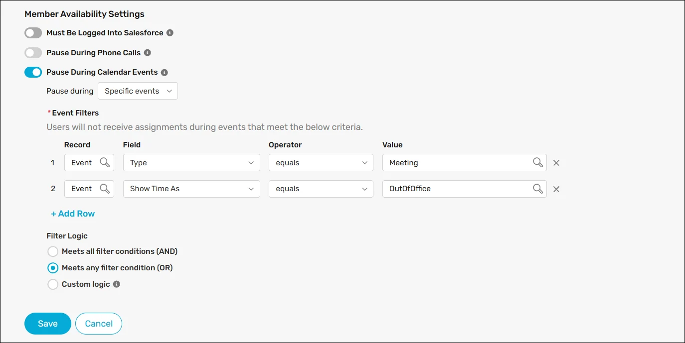 Pause During Calendar Events enabled for specific events, with filters for meetings or out-of-office events joined by OR logic.