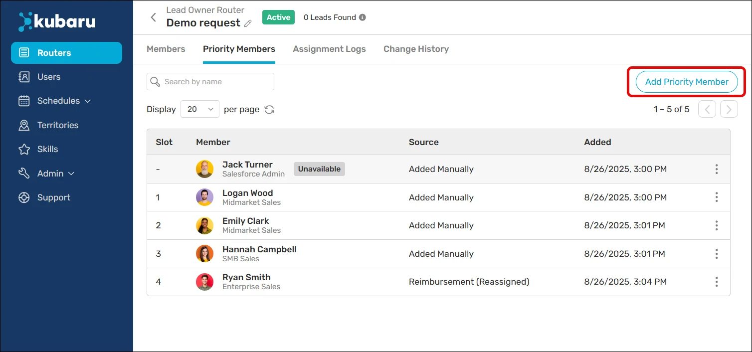 Router Priority Members tab with the Add Priority Member button highlighted above the member queue.