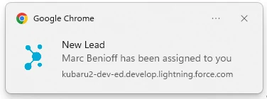 Desktop push notification from Kubaru announcing that a new lead has been assigned to the user.
