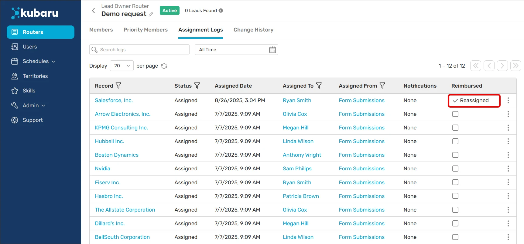 Router Assignment Logs with the Reimbursed column showing Reassigned for a reimbursed assignment.