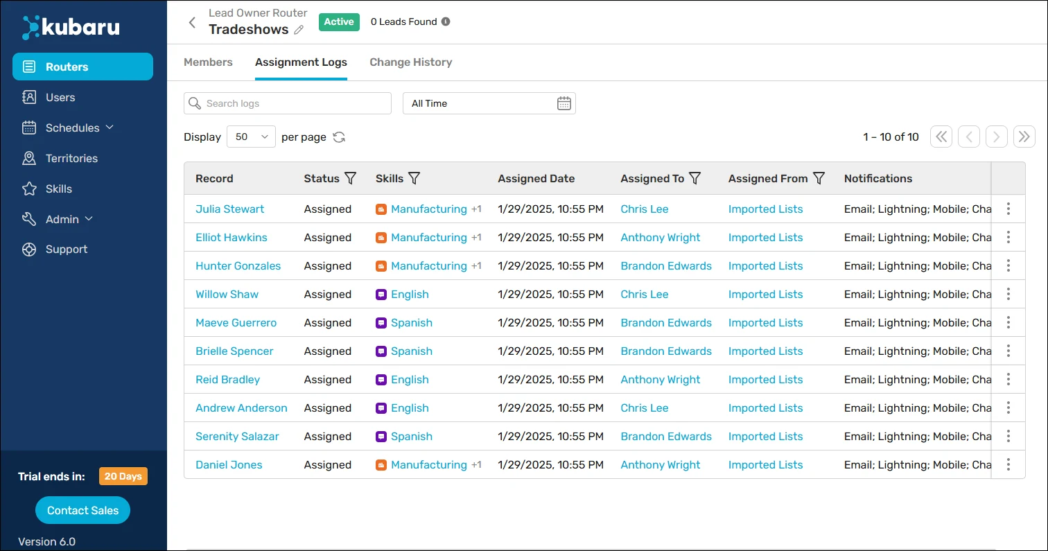 Tradeshows router Assignment Logs tab showing assigned records, users, source queue, and notifications.