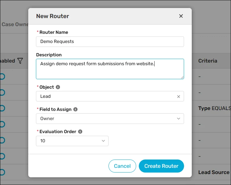 New Router dialog with a Description field explaining that the Demo Requests router assigns website demo request submissions.