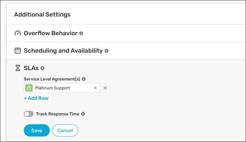 Router SLAs section with Platinum Support selected and Track Response Time switched off.