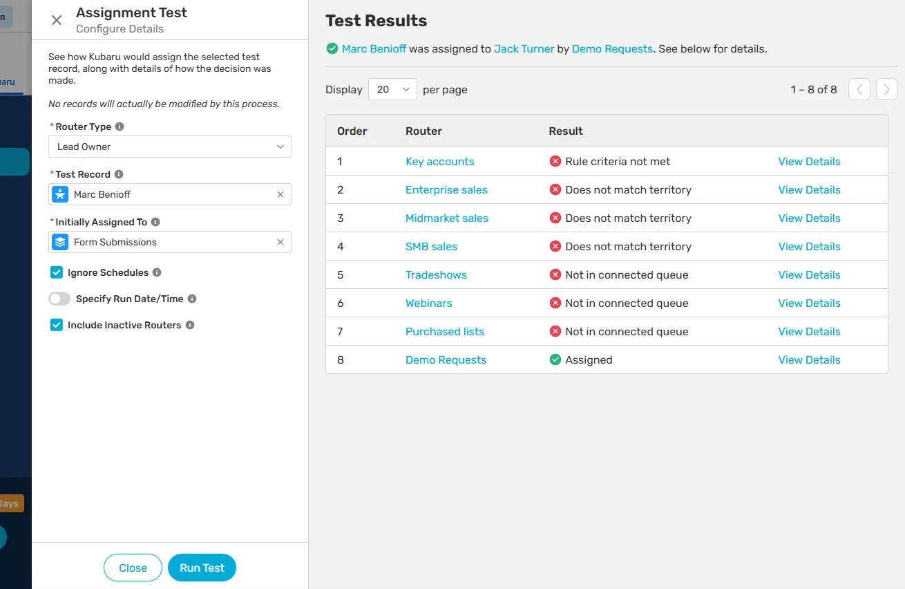 Assignment Test panel with a lead selected, test options, and results showing the Demo Requests router would assign the lead to Jack Turner.