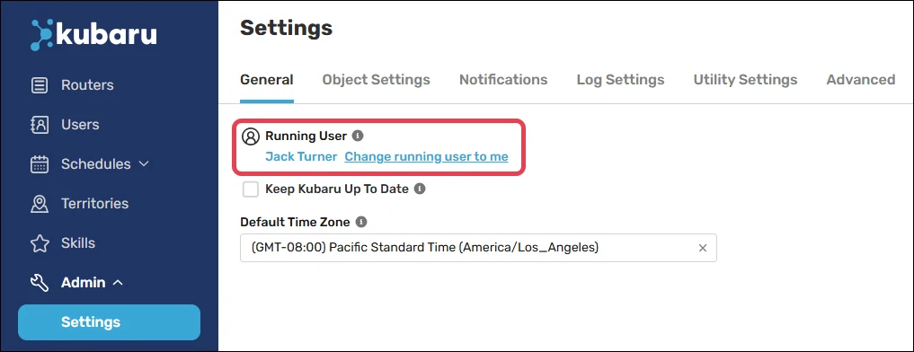 Click link to change the running user.