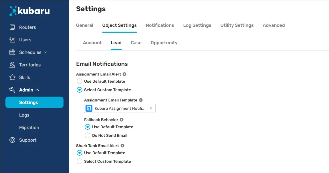 Lead Email Notifications settings with a custom assignment email template selected and Use Default Template as the fallback behavior.