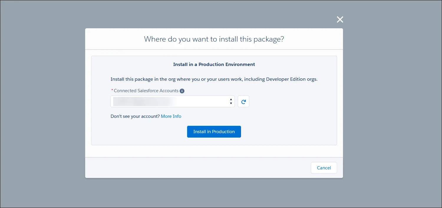 AppExchange installation dialog with a Connected Salesforce Accounts selector and an Install in Production button.