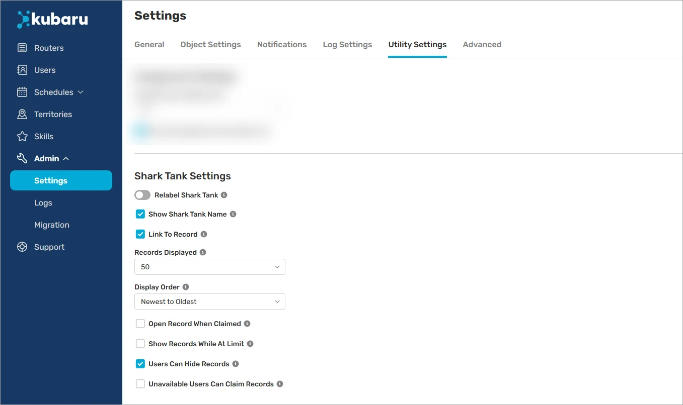 Shark Tank Settings with controls for record display order, record links, hiding records, and claiming permissions.