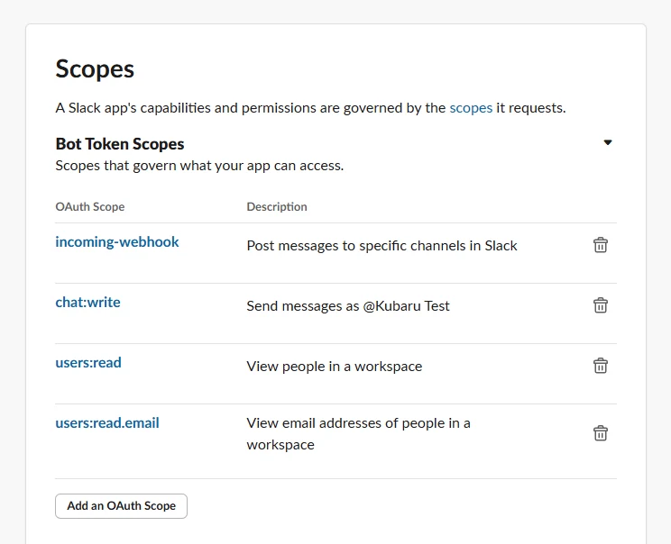 Select the bot token scopes for your Slack app.