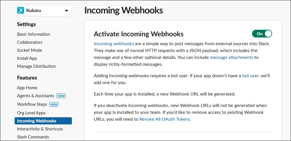 Slack app Incoming Webhooks page with Activate Incoming Webhooks switched on.