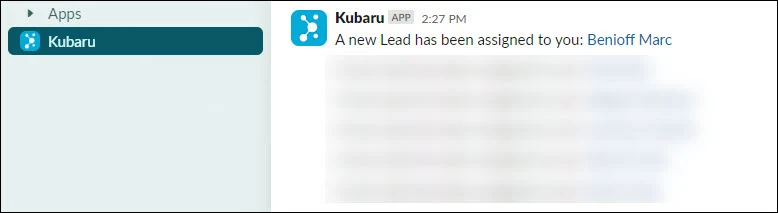 Slack message from the Kubaru app announcing a new lead assignment with a linked lead name.