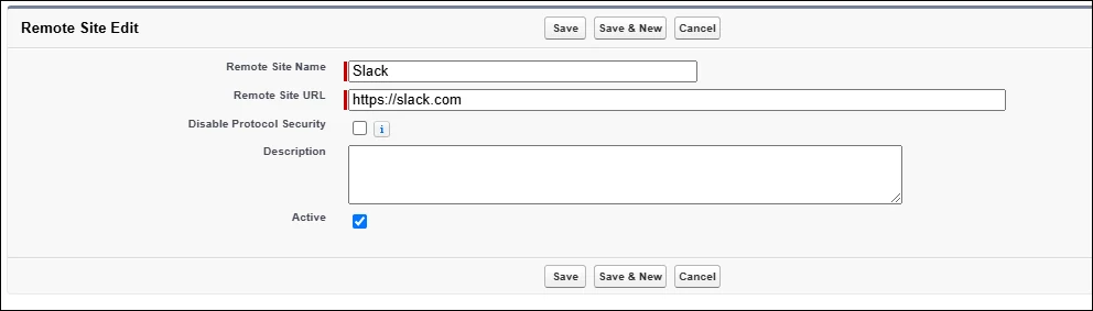 Create a Slack remote site in Salesforce.