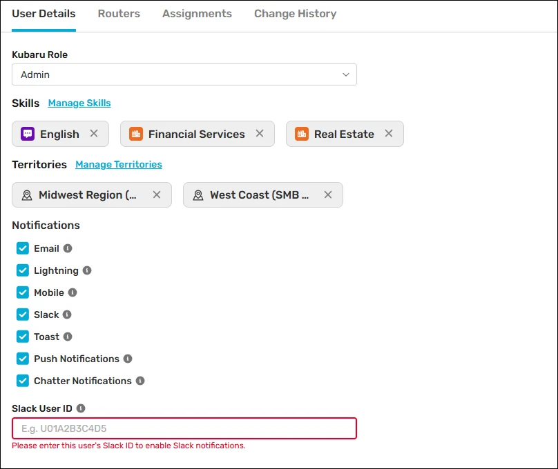 Kubaru User Details with an empty Slack User ID field and a validation message requesting the ID to enable Slack notifications.