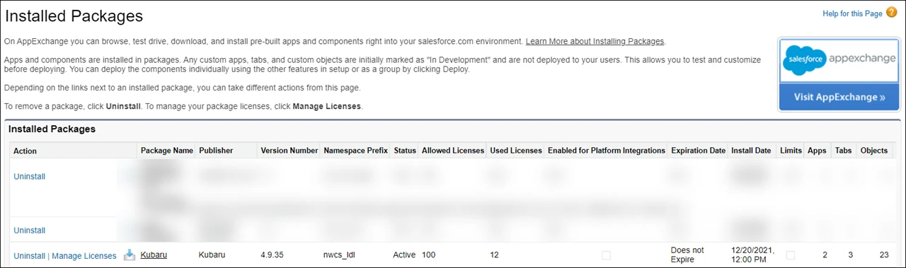 Click the Uninstall link to uninstall Kubaru from your Salesforce org