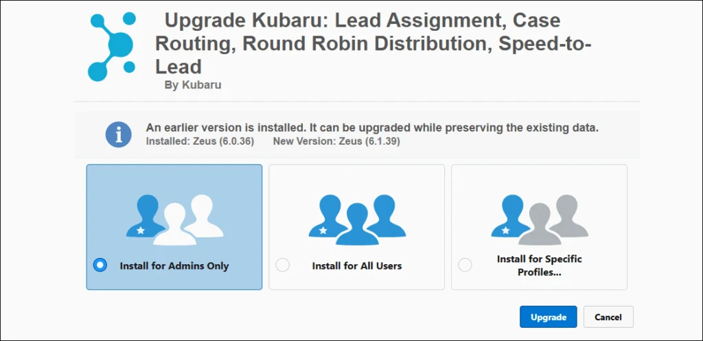 Salesforce Kubaru upgrade page with Install for Admins Only selected and the Upgrade button available.