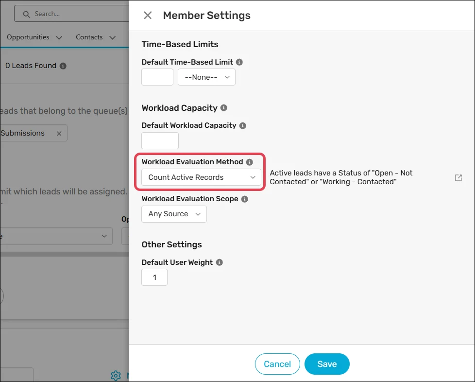 Select the "Workload Evaluation Method" from member settings.