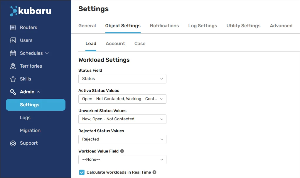 Lead Workload Settings with status categories, a workload value field, and real-time workload calculation.