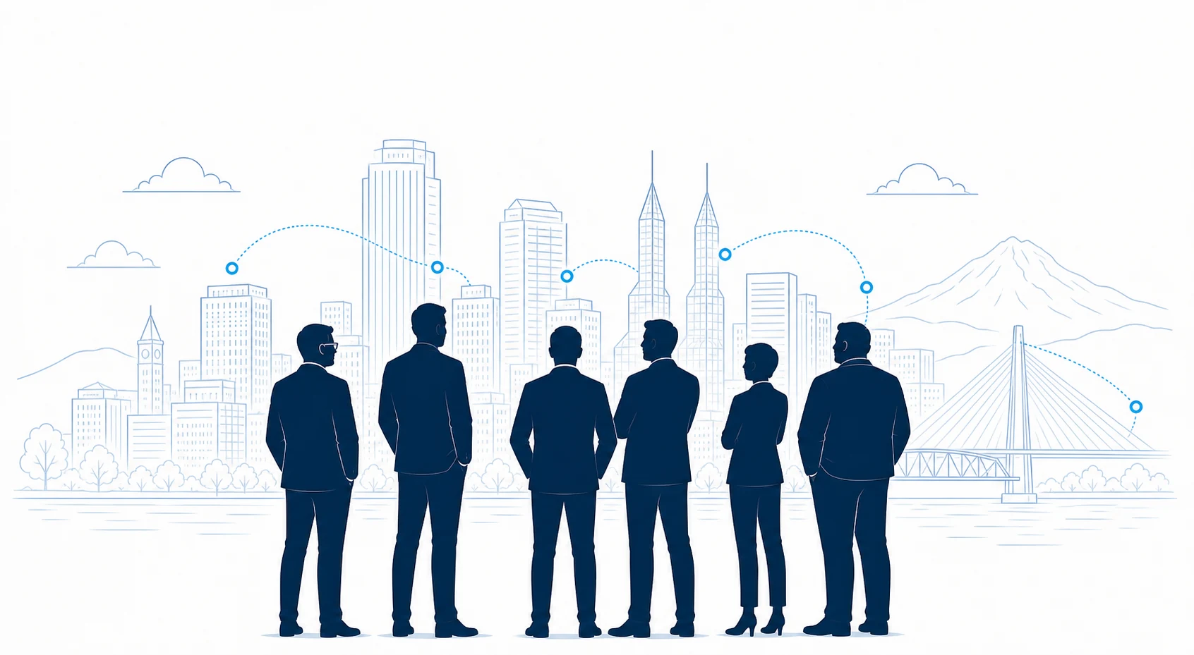 Illustration of a team standing in front of a city skyline with routing path accents.